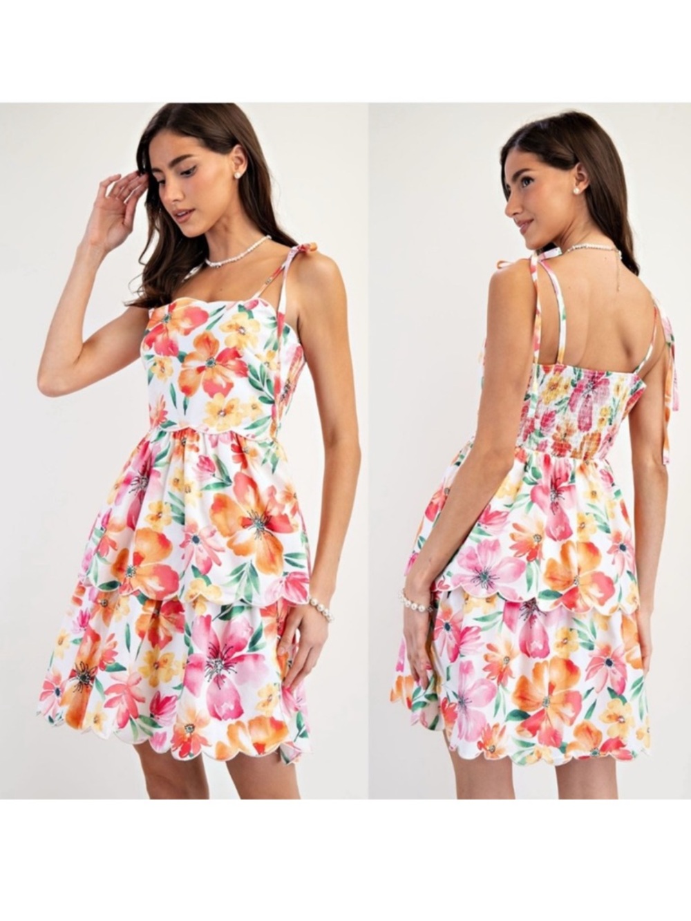 Easel Floral Print Scallop Hem Mini Dress Tie Straps White Pink Size Medium